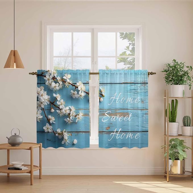 Farmhouse Wooden Grain Kitchen Curtains, Vintage Shabby Chic Flower Blue Light