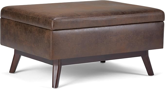 SIMPLIHOME Owen Coffee Table Storage Ottoman - 34 inch Wide Upholstered Vegan Leather Rectangular Lift-Top Ottoman in Distressed Chestnut Brown, Mid-Century Bench for Living Room with Tapered Legs