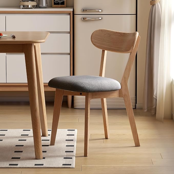 100% Solid Wood Upholstered Dining Chairs, Mid Century Modern Oak Dining Chairs with Curved Back with Butterfly Wing Shape for Kitchen, Dining Room, Restaurant (1PK, Log Color-Dark Gray Cushion)