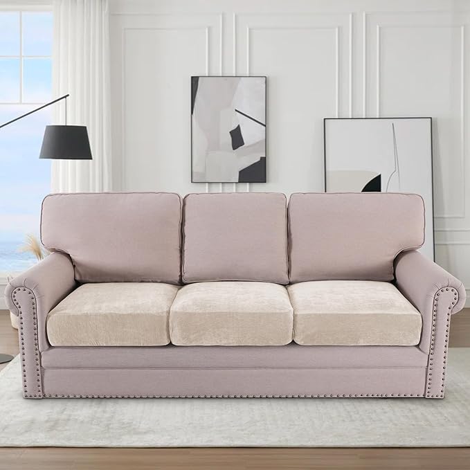 H.VERSAILTEX Stretch Chenille Couch Cushion Cover Soft Sofa Covers Individual Seat Couch Slipcover Sets Furniture Protector Seat Cushion Sofa Cover (3 Piece Sofa Cushion Covers, Beige)