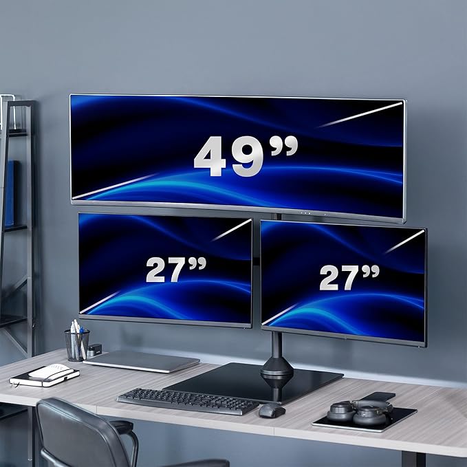 VIVO Triple Monitor Extra Tall Desk Stand for up to 49 inch Ultrawides on Center Bracket and 27 inch Screens on Side Brackets, Holds up to 44 lbs, Tempered Glass Base, Black, STAND-V103T-GB