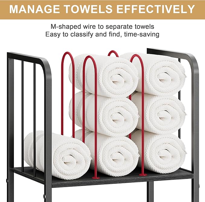 Towel Rack Free Standing 3-Tier M-Shaped Detachable Dividers, Durable Metal Holder, Pool Towel Rack, Space-Saving Towel Storage Organizer, Modern Bath Towel Shelf for Home, Poolside, Black
