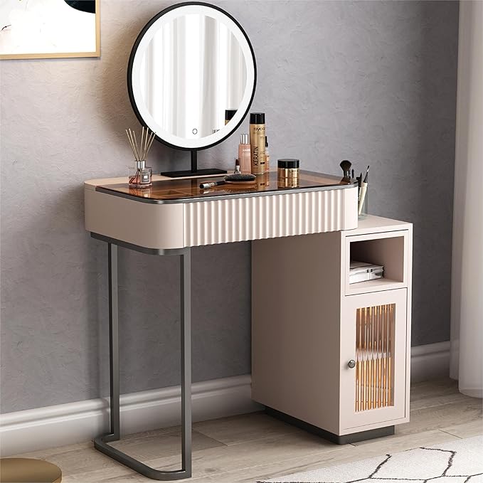 Lartis Makeup Vanity, Makeup Vanity with LED Makeup Mirror, Three Adjustable Light Levels, Tempered Teal Glass countertop