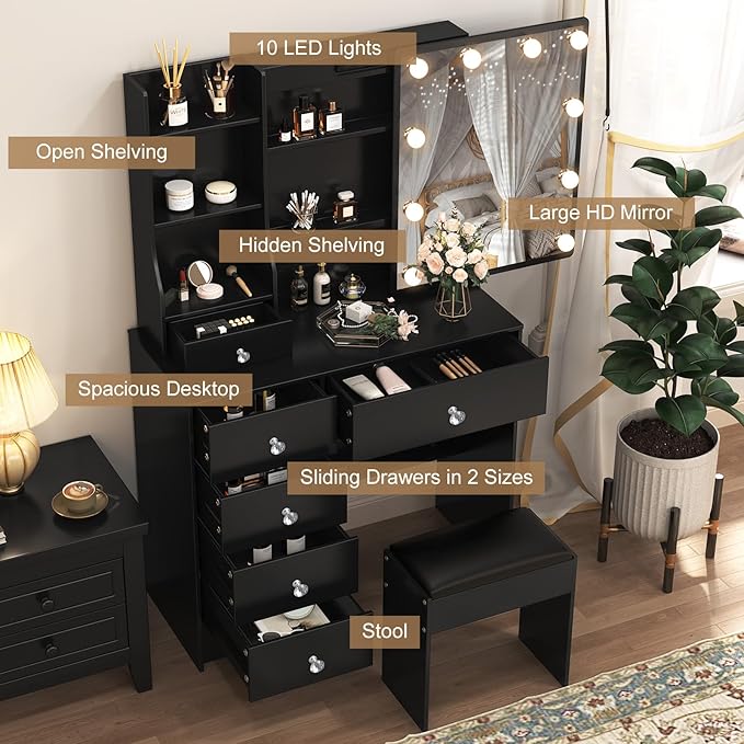 Vanity Desk with Mirror and Lights, Makeup Vanity Desks with Drawers and Shelves, Vanity Table with Adjustable Lighting and 3 Lighting Modes, Black Dressing Table with Stool for Bedroom Dressing Room