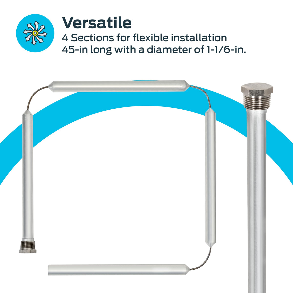 Eastman 45 Inch Flexible Magnesium Anode Rod, 1-1/6 Inch Hex Head, Chrome, 60296