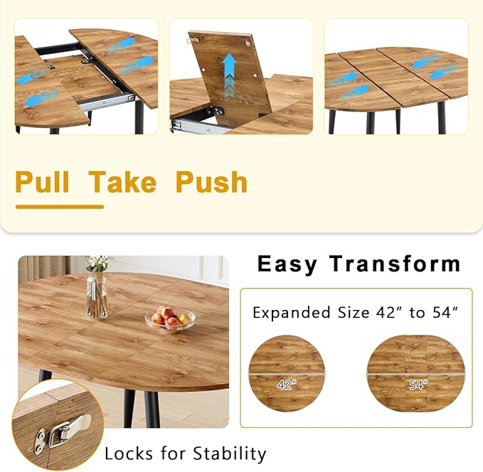 Round Dining Table Set for 4, 42"-54" Extendable Dining Table Set for 4, 0.73" Thick Wood Tabletop with Smooth Edge, Black Metal Leg with Non-slip Footmat, 4 Soft PU Chairs, Small Space, Easy Assembly