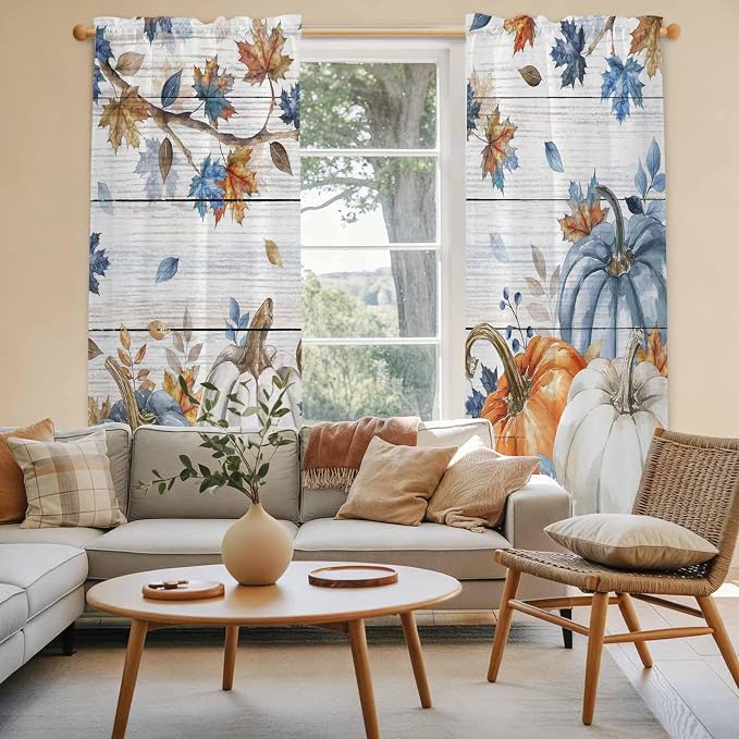 Thanksgiving Pumpkin Window Curtains 72 Inch Long 2 Panel Set, Rod Pocket Long