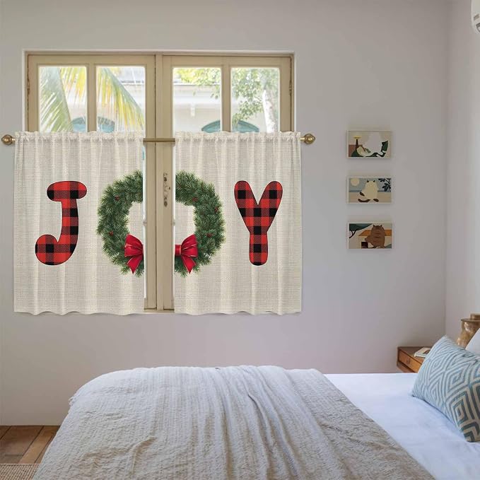 Red Green Christmas Kitchen Tier Curtains 45 Inch Long 2 Panel Set, Rod Pocket