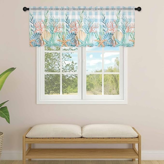 Summer Beach Sheer Valance Curtains, Ocean Colorful Coral Shell Seaweed
