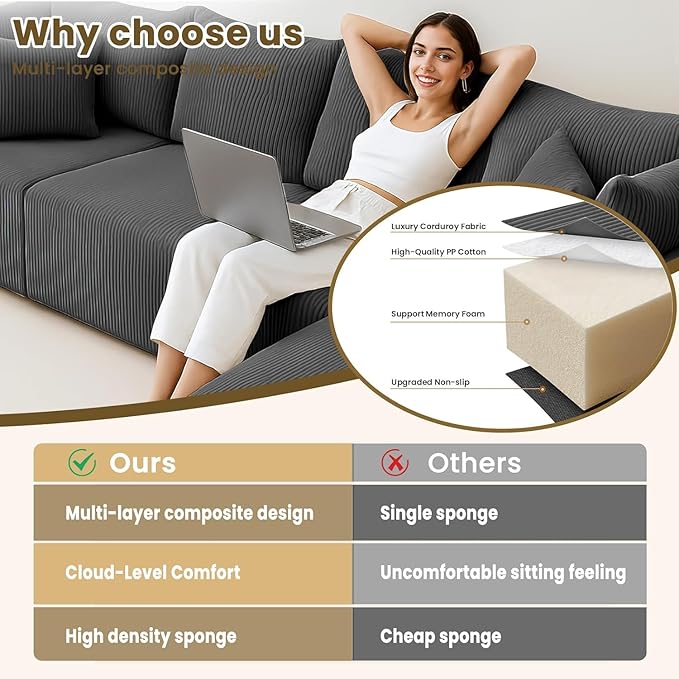Oversize 131” Boneless Couch for Living Room, Comfort L Shaped Cloud Couch Sectional, Extra Deep Seats Corduroy Modular Sectional Sofa No Assembly,Black