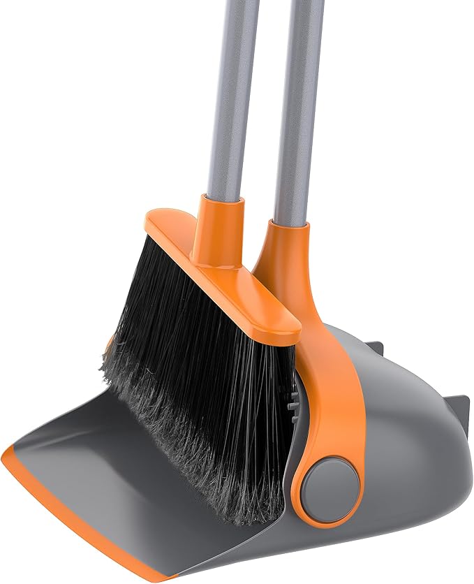MR.SIGA Broom and Dustpan Set with Adjustable Long Handle, Gray