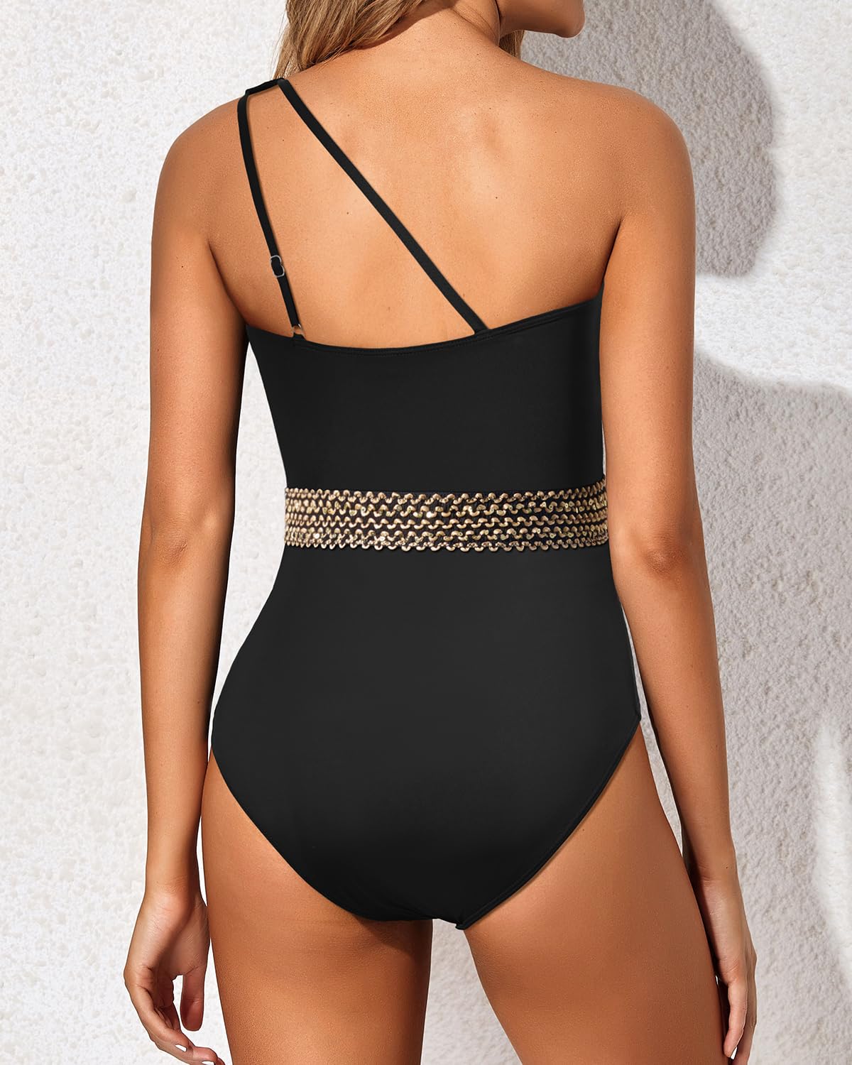 Holipick One Shoulder One Piece Swimsuit for Women Tummy Control Bathing Suits Modest Full Coverage Keyhole Swimwear Black Gold