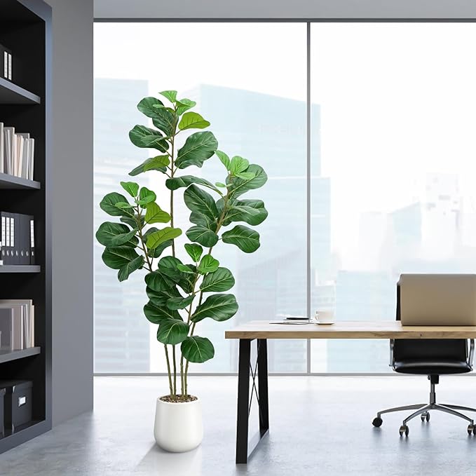 Artificial Fiddle Leaf Fig Tree with White Planter,6ft Tall Fake Plants with 4 Trunk,Faux Fig Trees Floor Plant in Pot,Fake Ficus Lyrata Trees for Indoor Living Room Bedroom Office Housewarming Gift