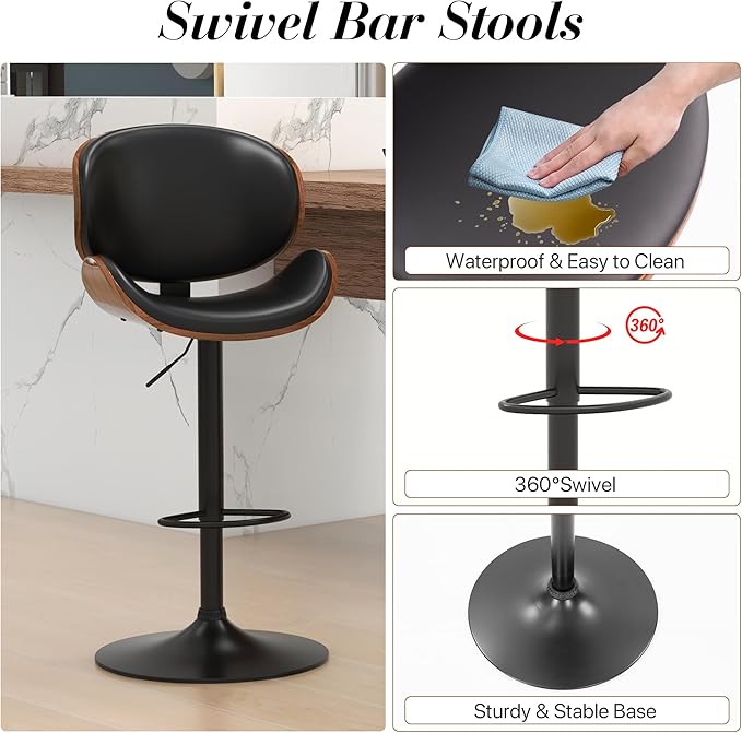 KCC Bar Stools, Swivel Adjustable Height Barstools, PU Leather Upholstered Bar Chairs with Footrest, Bentwood Bar Stool for Kitchen, Bar, Dining Room(Black PU)