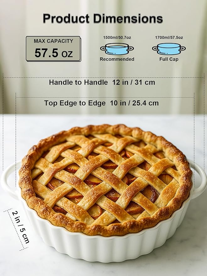 Yamteck 10×2in Deep Ceramic Pie Pan with Handles for Pie Quiche Tart Baking. Easy to grip, Lead-Free. Casserole Lasagna Dish for Thanksgiving Christmas Wedding Gift. Microwave, Dishwasher, Oven Safe