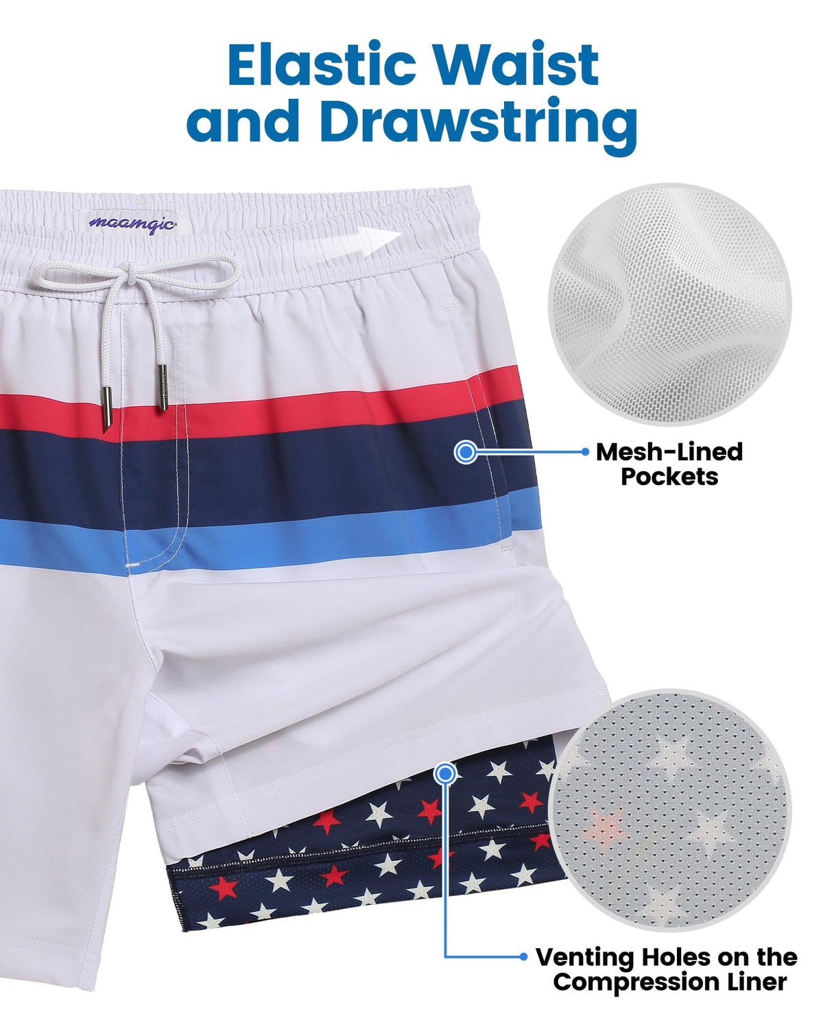 maamgic Mens Swim Trunks with Compression Liner 7 Inch Inseam Mens Bathing Suit Quick Dry Swimming Trunks Swimsuit Flag Stars and White Medium