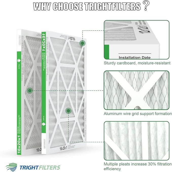 16x20x1 Air Filter 4 Pack, Durable MERV 8 Pleated Home HVAC AC Furnace Filters