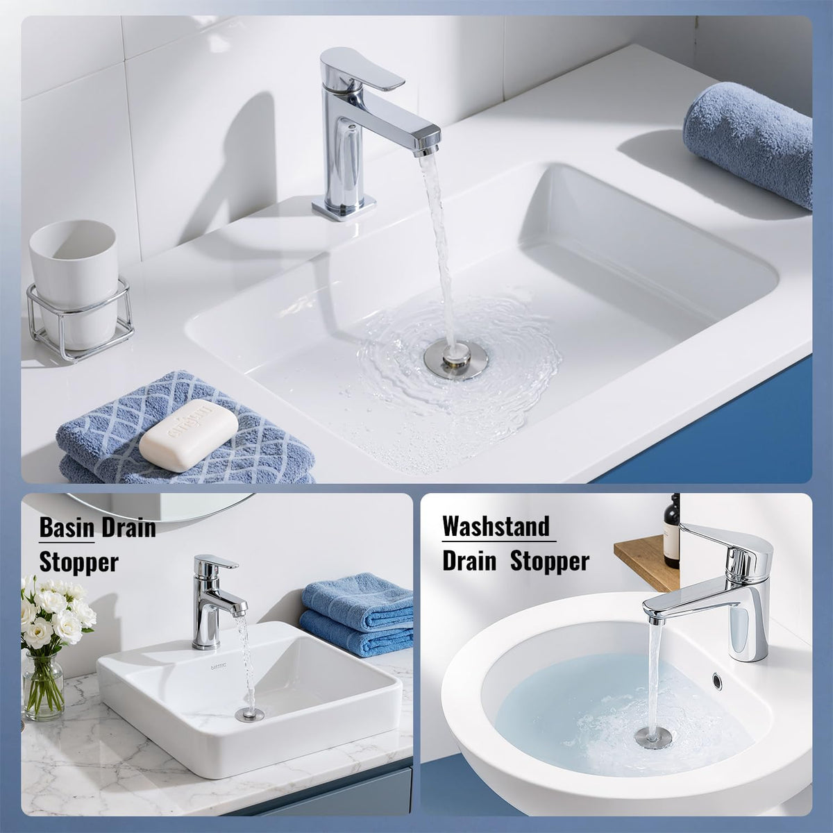 5-in-1 Bathroom Sink Stopper, 2 Pc Pop-Up Drain Stopper with Removable Hair Catcher, Anti-Clog Strainer, Odor Blocking & One-Way Flow Design, Brass & Stainless Steel All Metal Made, Fit 1.1"–2.36"