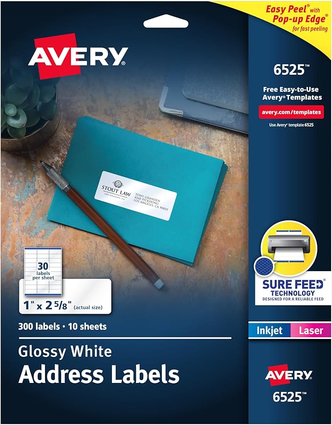 Avery Address Labels, Sure Feed and Easy Peel Technology, Glossy White Labels, 1" x 2-5/8", Permanent Adhesive, Laser/Inkjet, 300 Total (6525)