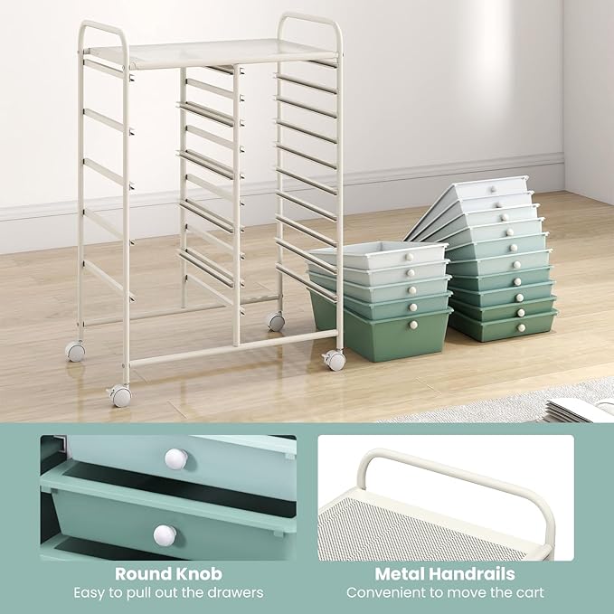 COSTWAY 15 Drawer Rolling Storage Cart, Mobile Utility Cart with Lockable Wheels, Drawers, Multipurpose Organizer Cart for Home, Office, School, Gradient Green