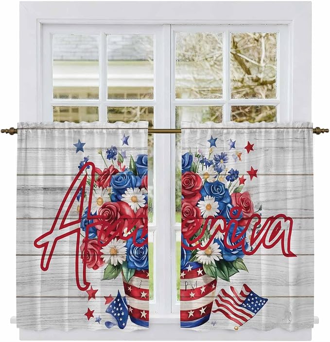 Independence Day Kitchen Curtains 45 Inch Long 2 Panel Set, Rod Pocket Window