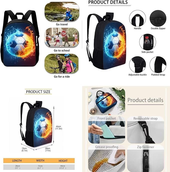 Soccer Backpack for School Water & Fire Soccer Ball Backpack with Lunch Box Kids School Bookbag 3 in 1 Set School Bag with Lunch Bag Pencil Case, Large Lightweight Kids Backpack for School