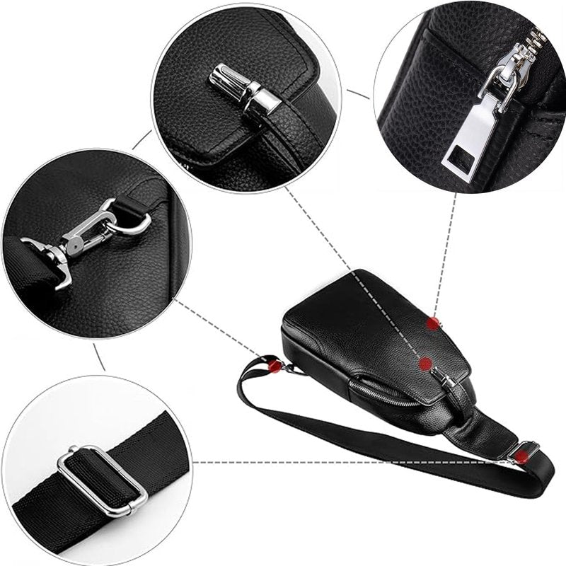 KPYWZER Genuine Leather Sling Bag fo Men Women Backpack Crossbody Chest Bag Purse Outdoor Hiking Travel Daypack Black