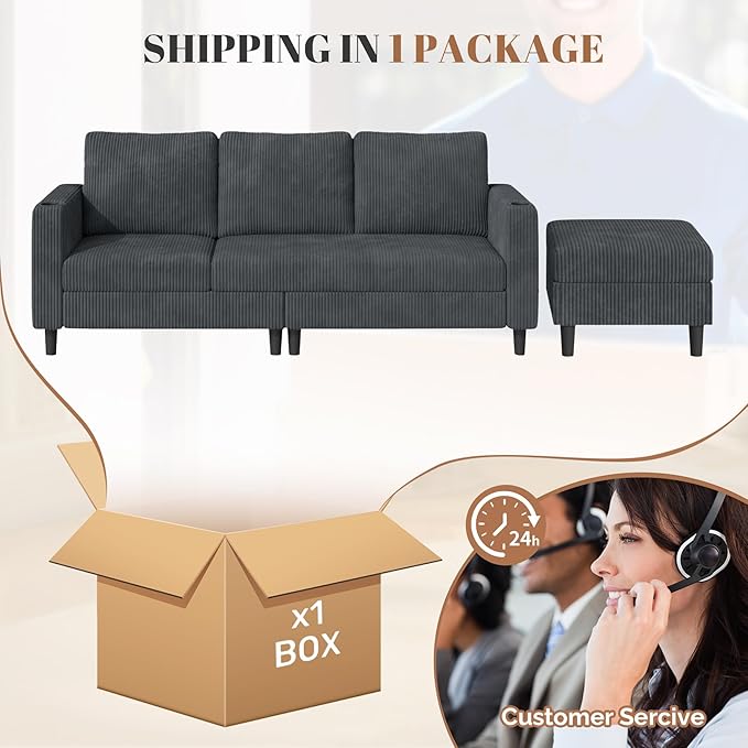 Upholstered Sectional Sofa and Couches, 78'' L Shaped 3-seat Sofa for Living Room, Apartment, Lounge,Bedroom-Washable Covers Convertible Sofas(Corduroy, Dark Gary)