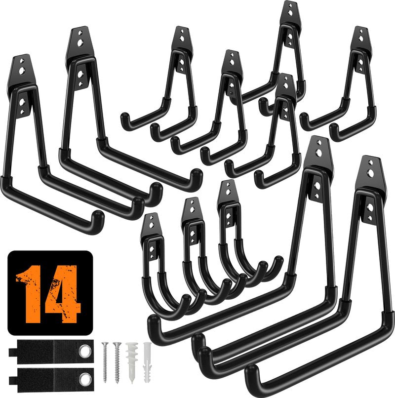 QcoQce 14 Pack Garage Hooks Heavy Duty with 2 Extension Cord Straps,Garage Storage Hooks, Wall Mount Hooks, Garage Organization and Tool Hangers for Bike, Ladder, Ropes and Garden Tools