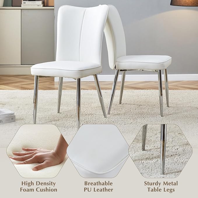 Glass Dining Table Set for 4,Dining Room Table Set for 4,Kitchen Table Set with 4 PU Leather Chairs,63'' Glass Dining Table Set with Silver U-Shaped Table Legs and Rectangular Base