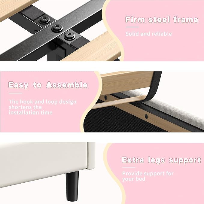 EnHomee Queen Bed Frame with LED and Velvet Headboard, Bed Frame Queen Size with Adjustable Cute Cloud Headboard, Strong Support, Noise Free, No Box Spring Needed, Easy Assembly, Cream
