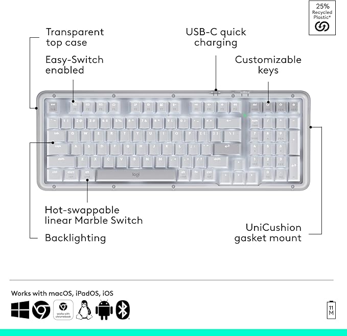 Logitech Alto Keys K98M Wireless Mechanical Keyboard, Customizable Keyboard with Vibration Absorbing Gasket, Backlit Keys, Bluetooth, USB-C Charging, for PC, Mac, Laptops - Off-White