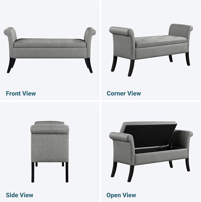 Yaheetech Ottoman with Storage, 52" Storage Ottoman Bench with Safety Hinge, Upholstered Bench with Seating for Bedroom, Living Room, Holds up to 661 lb, Light Gray