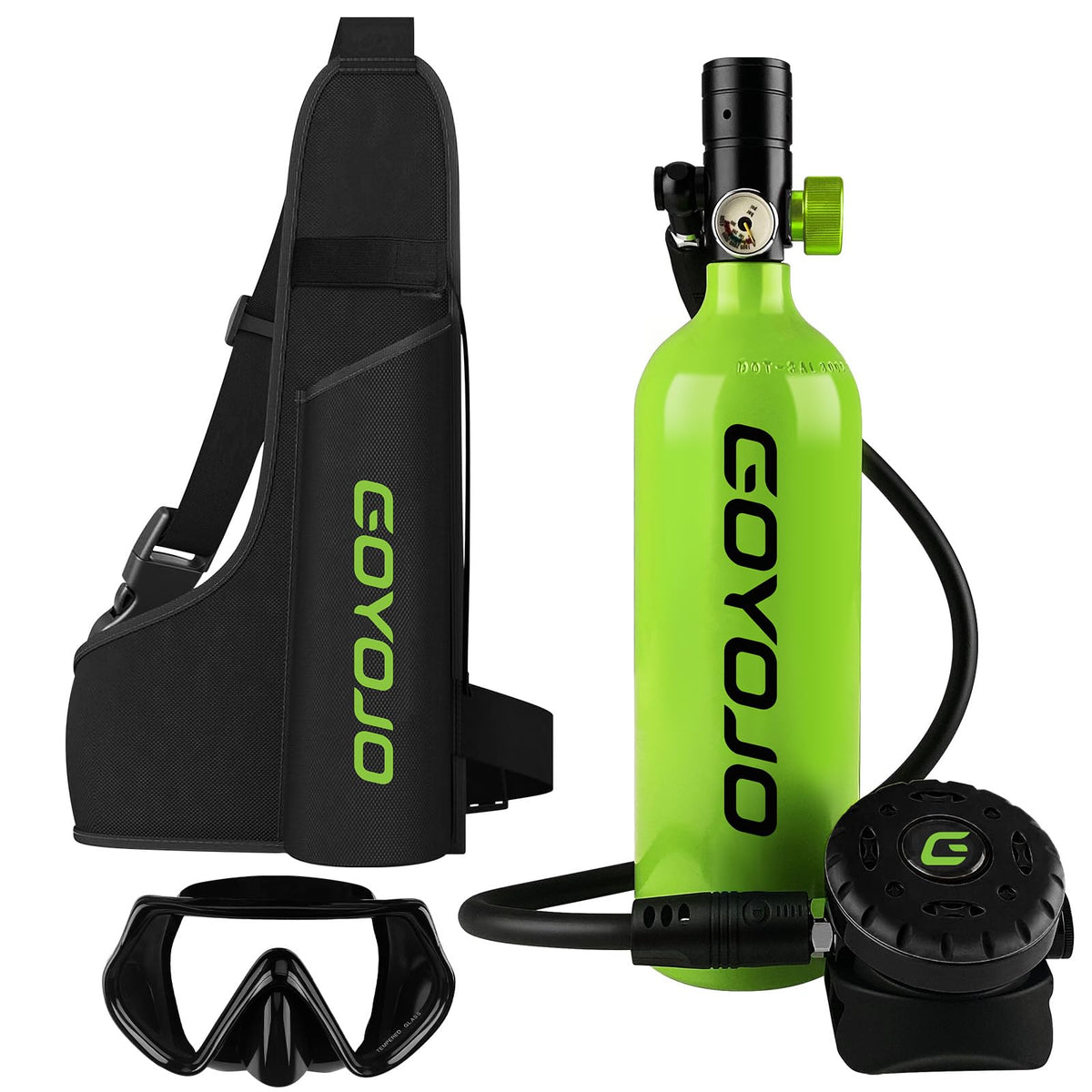 GOYOJO 1L Mini Scuba Tank with Mask – DOT Certified Portable Diving Air Tank, 3000 PSI Max Pressure, Pony Bottle Underwater Breathing Device for Snorkeling & Scuba Diving (Green)