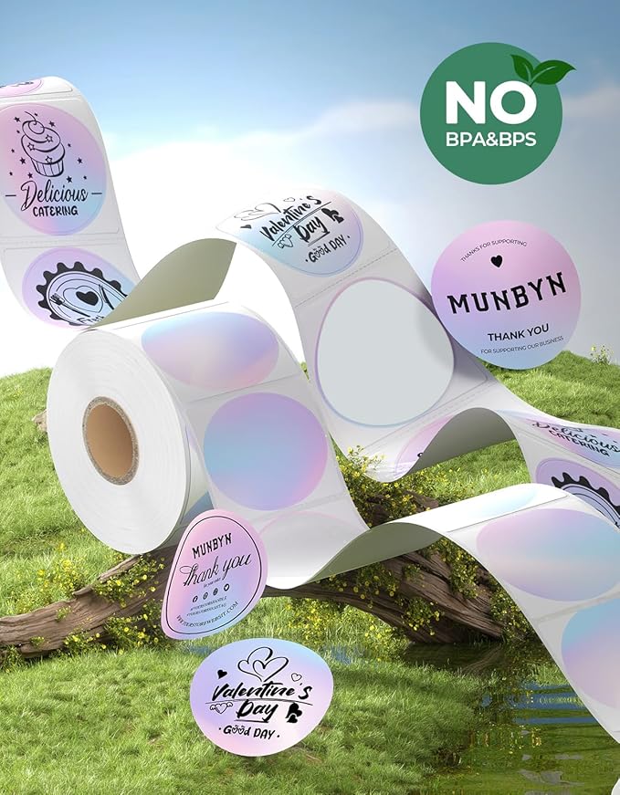 MUNBYN 2 Inch Round Thermal Labels, Direct Thermal Printer Labels for Small Businesses, DIY Logo Design, 750 Sheets/1 Roll