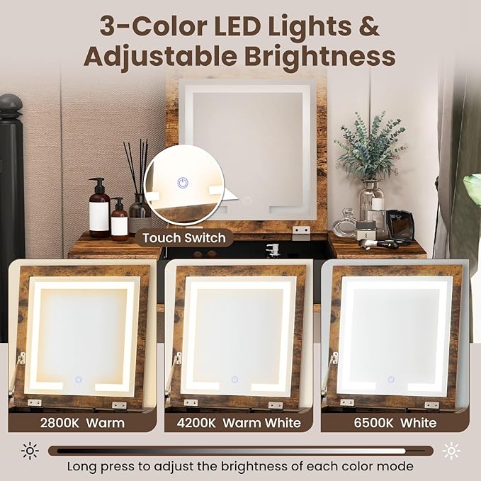 CHARMAID Vanity Desk with 3-Color Lighted Flip Top Mirror, 7 Storage Compartments, Side Organizers, USB Port, Makeup Dressing Table Set Writing Desk with Cushioned Stool, Easy Assembly, Rustic Brown