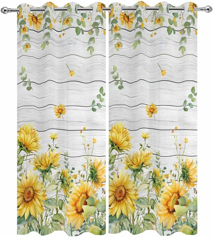 Sunflowers Outdoor Curtains for Patio Summer Floral Eucalyptus Leaf Wood Plank