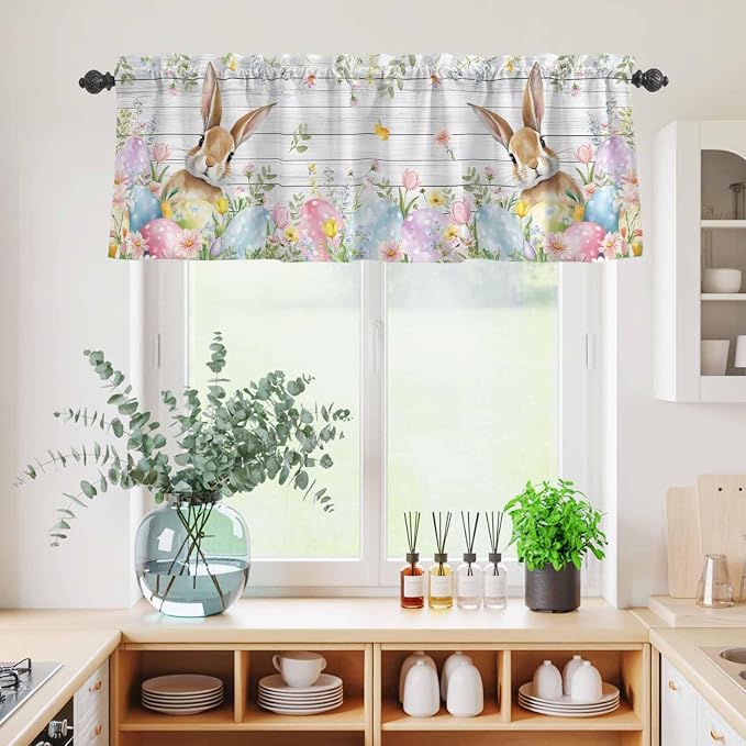 Kitchen Curtains Tiers and Valance Set of 3, Easter Light Filtering Window