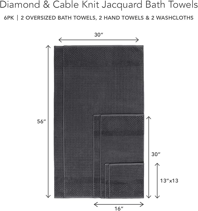 Texere 100% Organic Cotton Diamond Jacquard 700 GSM Luxury Bath Towel Sets - Spa Quality Bath Towels, Hand Towels, Washcloths (Diamond, Black, 6 Piece)