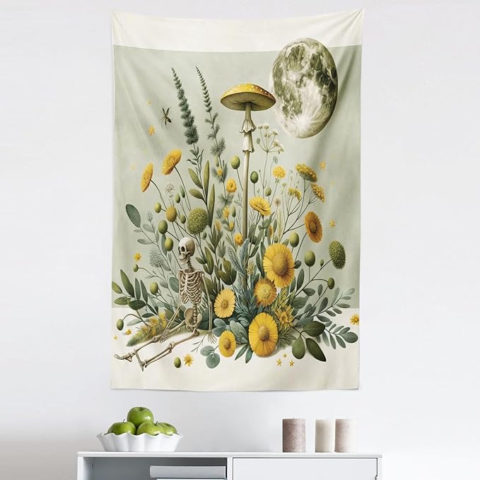 Ambesonne Trippy Tapestry, Bohemian Botany Feel Leafy Jungle Flowers with Skeleton and Moon Ornate, Fabric Wall Hanging Decor for Bedroom Living Room Dorm, 30" X 45", Pale Green Earth Yellow
