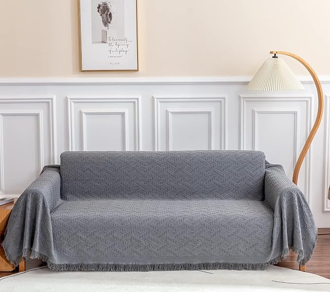 Deep Dream Sectional Couch Cover - Geometrical Jacquard Fabric Sofa Cover for 3 Cushion Couch, Dogs - Medium, 71" x 91", Dark Grey