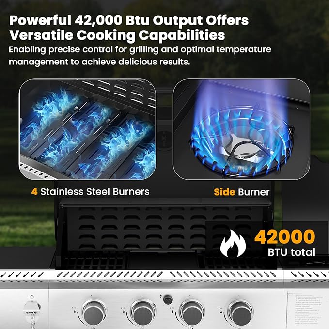 Electactic 4-Burner Gas Grill with Side Burner,Stainless Steel Propane Grill with Porcelain-Enameled Grills,Built-In Thermometer,42000BTU BBQ Grill for Outdoor Cooking and Patio Barbecues