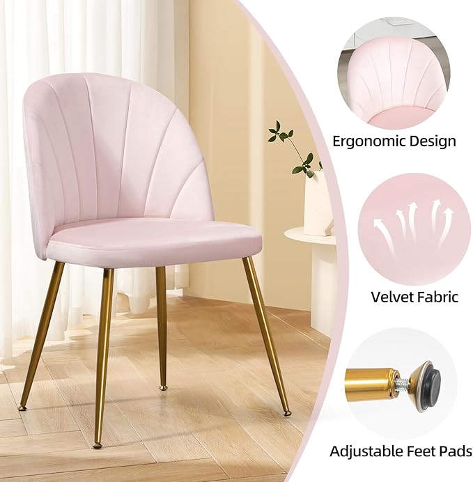 Velvet Dining Chairs Set of 2, Upholstered Mid Century Modern Dining Chairs, Armless Accent Chair with Metal Gold Legs for Living Room, Kitchen, Dining Room, Pink