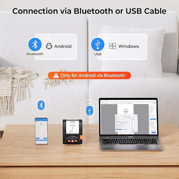 MUNBYN Bluetooth Receipt Printer, 58mm Mini Wireless POS Thermal Printer for Restaurant, Portable for Android/Windows