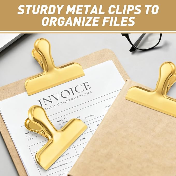 Funfery Gold Chip Clips Bag Clips Large Stainless Steel Clip for Food Storage,Air Tight Seal Chip Bag Clip 3 Inch Strong Food Clipp for Snack,Chips,Kitchen Decor,Home&Office Paper Heavy Duty-8 Pack