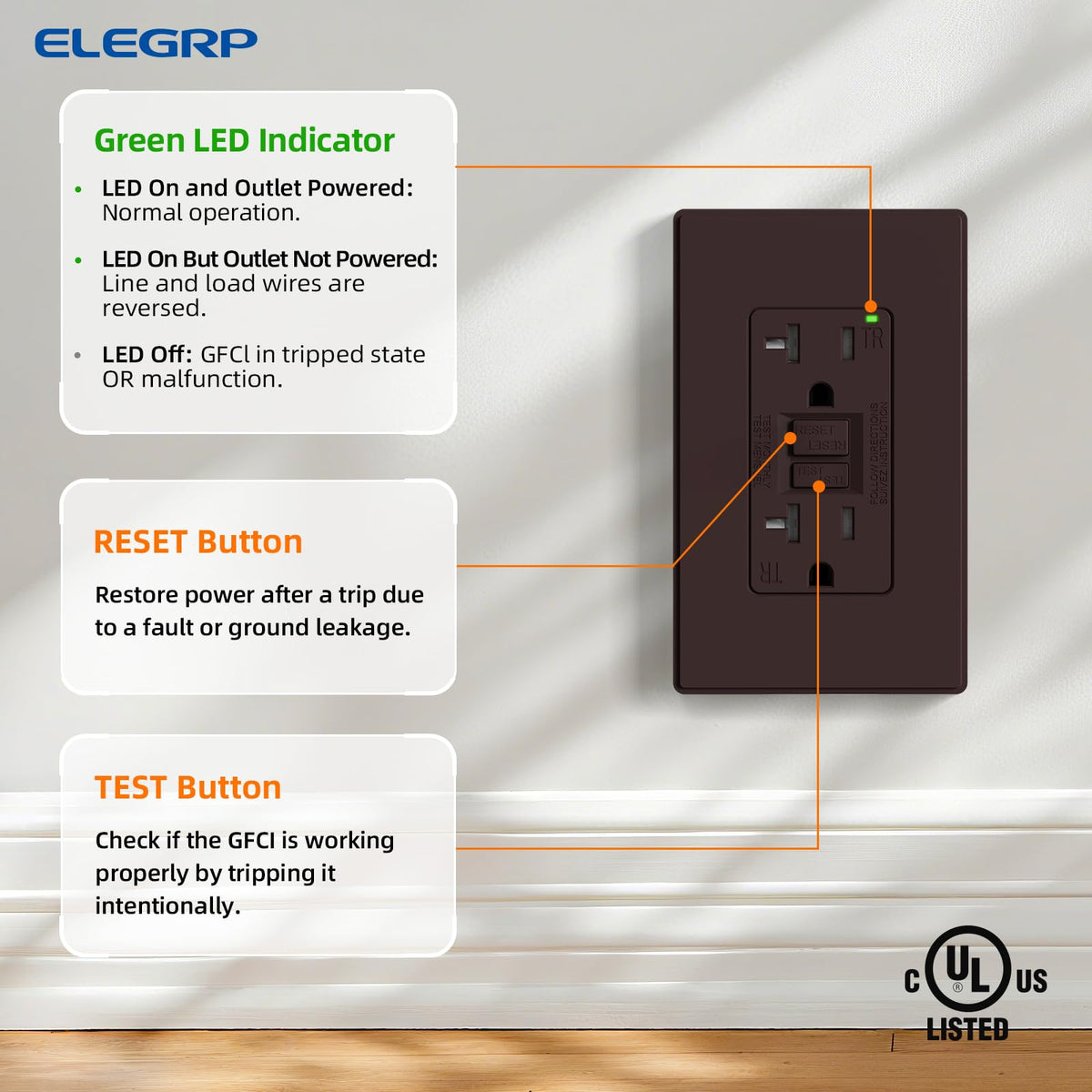 ELEGRP GFCI Outlet 20 Amp, Self-Test GFI Electrical Outlet with Thinner Design, TR Tamper Resistant GFCI Receptacle, Ground Fault Circuit Interrupters with Wall Plate, UL Listed, Brown, 6 Pack
