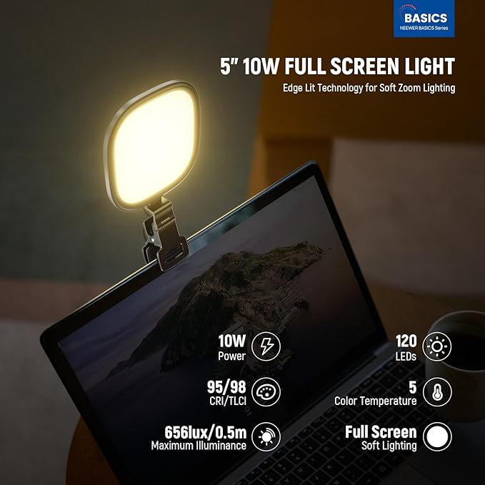 NEEWER Basics 5" 10W LED Streaming Light, Bi Color Edge Lit Clip on Full Screen USB Lamp Lighting CRI95 for Monitor Laptop Computer Webcam Desk Video Conference Zoom Call Recording, NL10