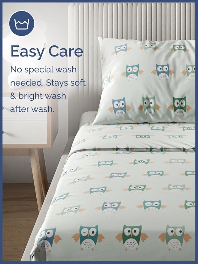 Kids Owls Twin 3 Piece Sheet Set - Boys, Girls, Teens, Toddler - Easy Fit, Deep Pockets - Breathable, Hotel Quality Bedding Sheets - Machine Washable & Wrinkle Free - Cute, Cozy & Soft - CGK Linens