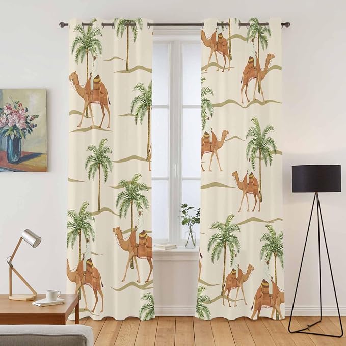 2 Panel Kitchen Cafe Curtains, Date Coconut Tree Sunlight Filtering Nature Air