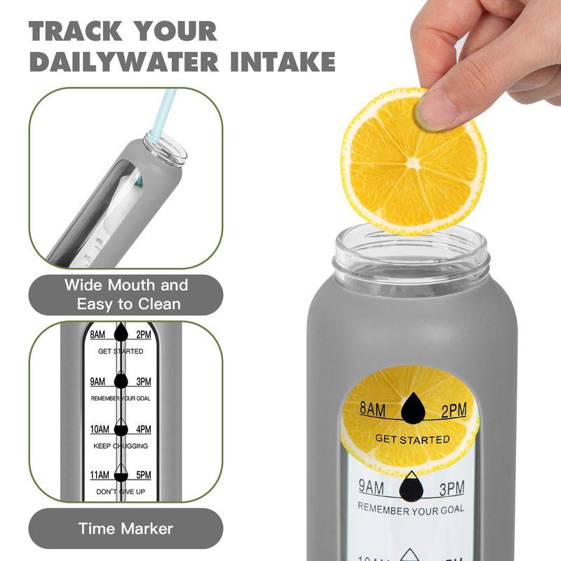 Sinekequnsun 32oz Glass Water Bottle with Time Marker, 2 Lids-Handle Spout Lid & Bamboo Straw Lid, 1 Liter Motivational Borosilicate Water Bottle for Gym, Office, Travel (Gray)